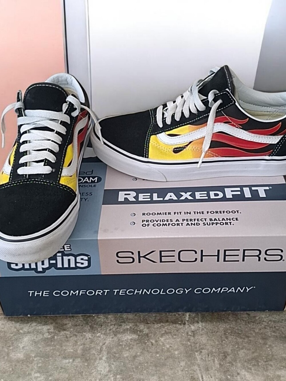 Vans Old Skool Men’s Black Skate Sneakers with Yellow & Red Flame Accent